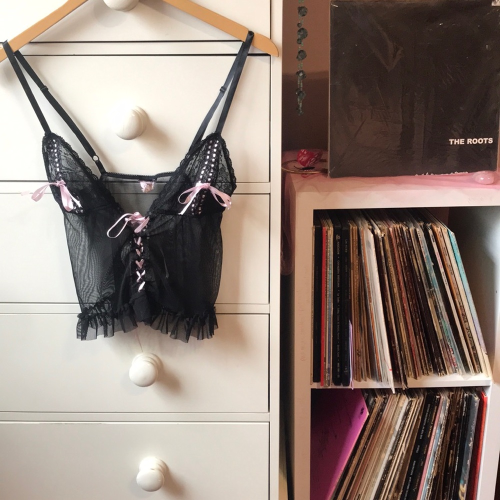 Vintage Y2k Frederick's Of Hollywood Corset Ribbon Bow Black Pink Sexy Cami Tank